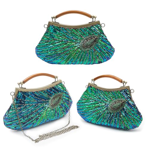 Sac de soirée paon pour femme : pochette de mariage verte à paillettes