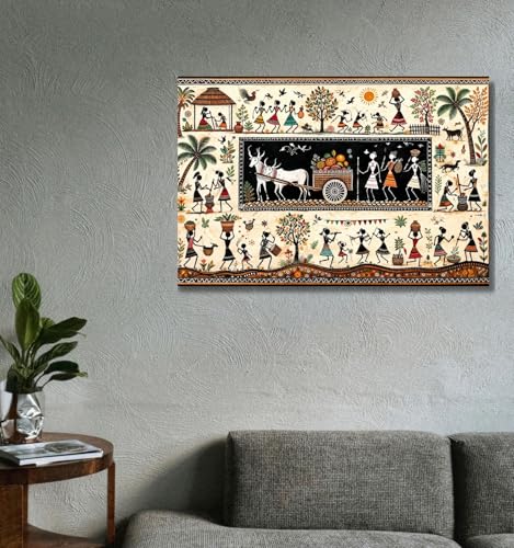 Image of KunjCart Warli Painting Colorful Tribal Dance Bull Cart Tree Sun Birds Village Scene | Warli Art Painting for Living Room Bedroom Office Room Decor Canvas Painting For Wall Decoration (36x24 Inch, Unframed - LARGE)