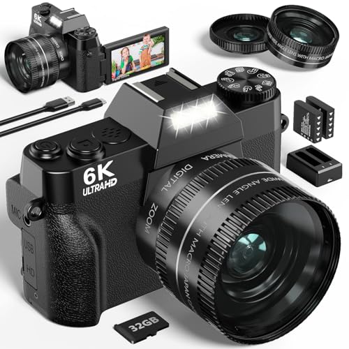 写真用6Kデジタルカメラ-WiFi64MP Vlogカメラ YouTube用 3インチの180°フリップスクリーン、16倍デジタルズーム オートフォーカス Vlogトラベルカマラ 32GB SDカード付き、バッテリー2個、ダブル充電器付き