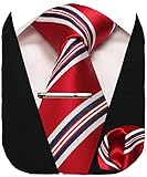 RBOCOTT Red White Blue Stripe Tie and Pocket Square with Tie Clip Sets for Men Business Necktie(20)