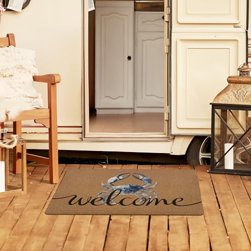 XLDLIOO Blue Crab Welcome Door Mat, Beach Framhouse Doormat, Lake Sea Welcome Front Door Mat Indoor Outdoor Entrance, Funny Artificial Coir Doormats Rugs for Patio Entry Beach House Decor 30x17in - Image 4