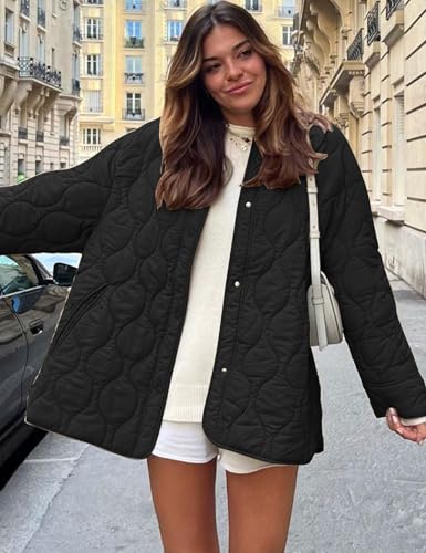 Flygo Women's Oversized Quilted Lightweight Jacket Button Down Puffer Padded Outerwear with Pocket