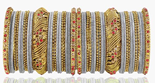 Image of NMII Metal with Zircon Gemstone and Beads Studded Ball Chain Linked Glossy Finished Velvet Bangles Chuda set for Women and Girls