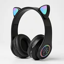 Fone de Ouvido Infantil Bluetooth com Orelhas de Gato, Luzes RGB, Dobrável, Ajustável, Conforto Prolongado e Conectividade Multiuso (Preto)