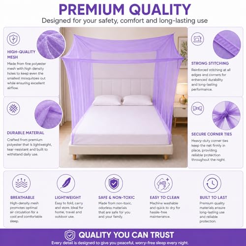 Image of BENAVJI Foldable Machardani Single Bed | Pure Cotton Mosquito net (Purple, 3.5FT X 6FT) | Strong, Breathable, Lightweight, Portable & Ideal for Daily Usage | Full Protection for Home & Travel