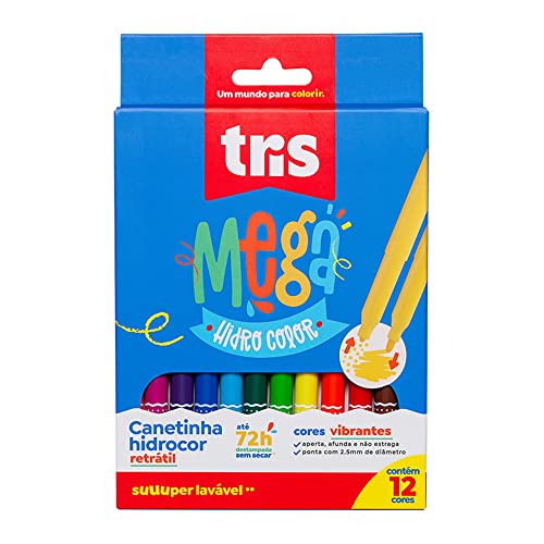 Hidrocor Ponta Fina Retrátil Mega Hidro Color - 12 Cores - Tris