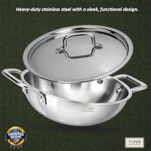 Image of TUNIS 24 Cm Triply Stainless Steel Kadai with Lid | Dual Handles Deep Kadhai Wok for Frying, Cooking, Sabzi, Curries & Indian Kitchen