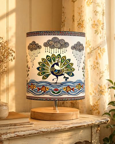 Image of Homesake Pine Table Lamp Wooden Bedside Lamp Simple Bedroom Light Linen Shade Mini Desk Lamp Nightstand Lamp for Bedroom, Living Room, Gift, (Madhubani Art of India Shade Cylinder)