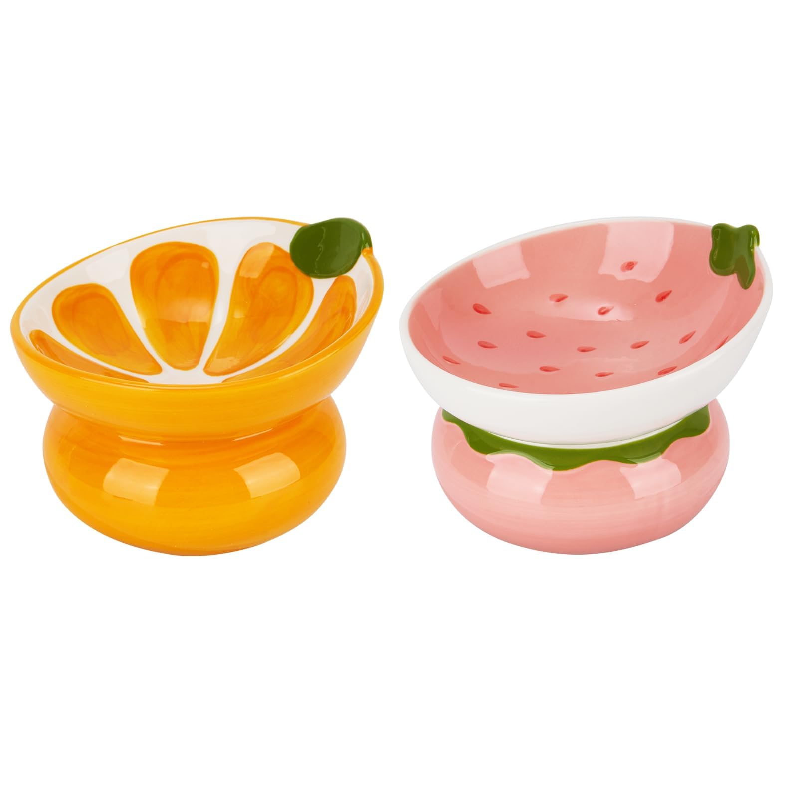 2PCS Tilted Elevated Cat Food Bowl Raised Ceramic Cat Bowl Anti Vomiting Shallow Cat Feeding Bowls Wide Cat Bowls Whisker Friendly High Cat Dish Microwave and Dishwasher Safe (Strawberry + Orange)
