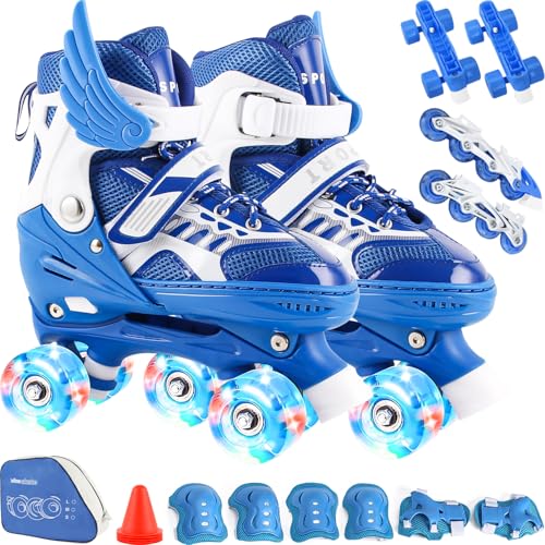 Patins Infantil 2 Em 1 Ajustável Patins 4 Rodas, Patins Quad, Patins Infantil Menina, Ajustável com Bolsa e Kit Proteção, Para meninas, meninos e iniciante (Azul, M (33-37))