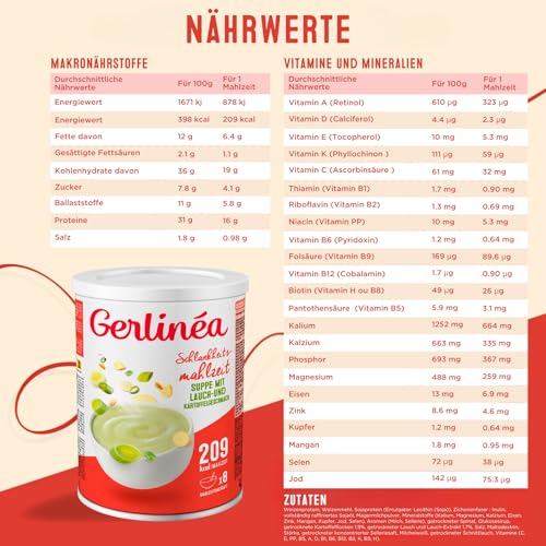 Gerlinéa Suppe Lauch Kartoffel - Proteinreicher Mahlzeitenersatz - Trockensuppe - Schlankheitsmahlzeiten - Enthält 8 Mahlzeiten