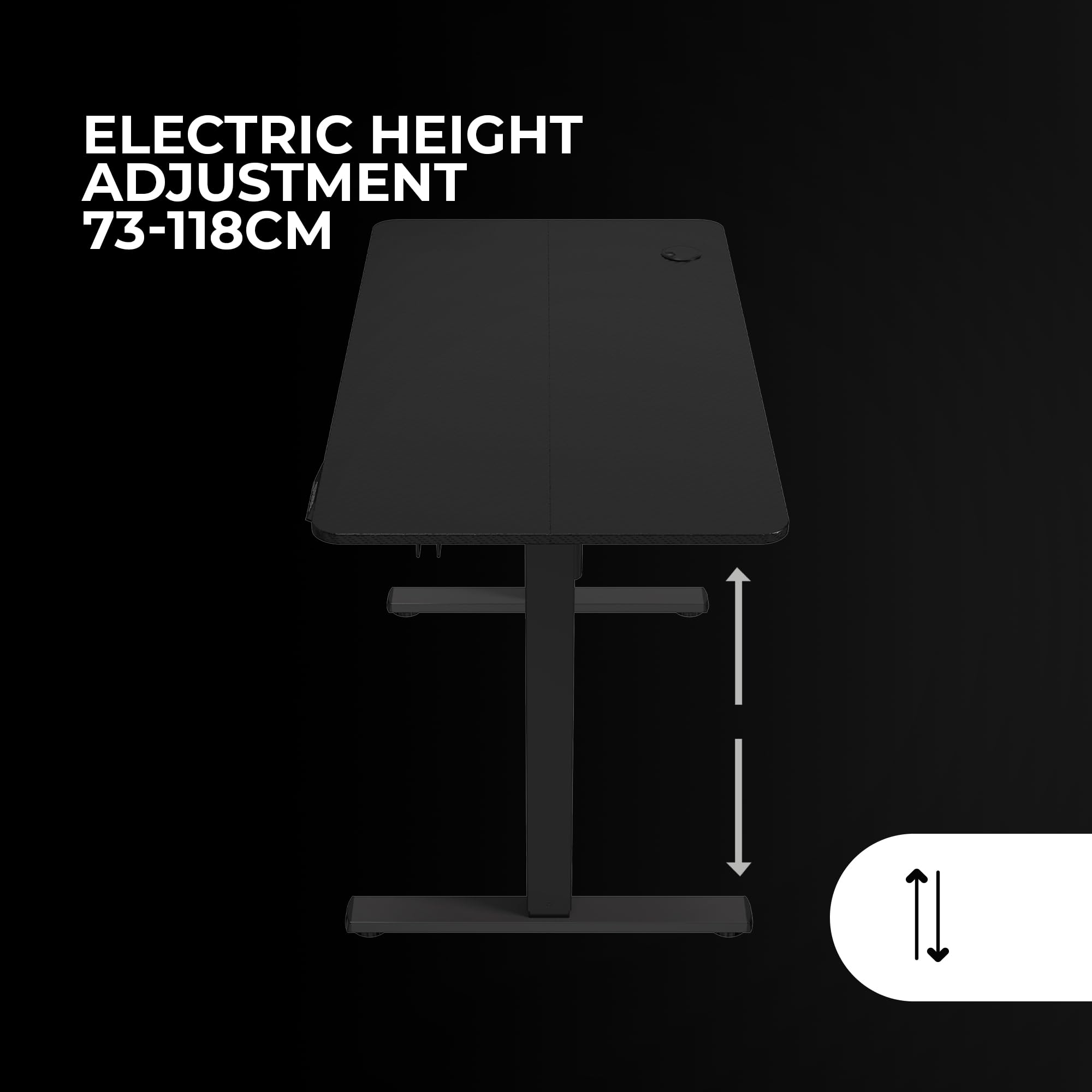 Mars Gaming MGD-ERGOPRO,Elektryczne Biurko z Regulacją Wysokości 73-118cm, Ergonomiczna Powierzchnia Włókna Węglowego, Metalowa, Uchwyt Słuchawki i Zarządzanie Kabli, Regulowany Stół 110x60cm,Czarny