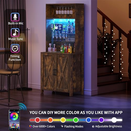 DWVO Farmhouse Bar Cabinet w/LED Lights, 71" Liquor Cabinet for Glasses, Tall Wine Bar Cabinet w/ 4-Bottle Liquor Dispenser & Wine Rack, Kitchen Storage Cabinet for Living Room, Rustic Brown