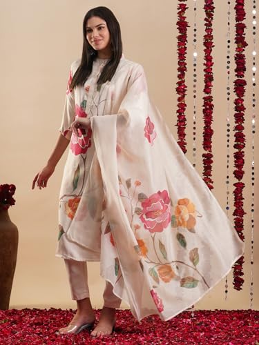 Image of GoSriKi Women's Rayon Blend Straight Printed Kurta with Pant & Dupatta