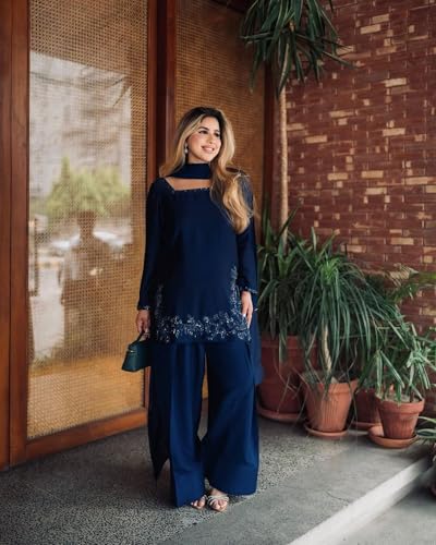 Image of Womens Pure Natural Crepe Silk Full Sleeves Square Neck Straight Kurti With Palazzo And Natural Crepe Dupatta 3-Piece Ethnic Wear
