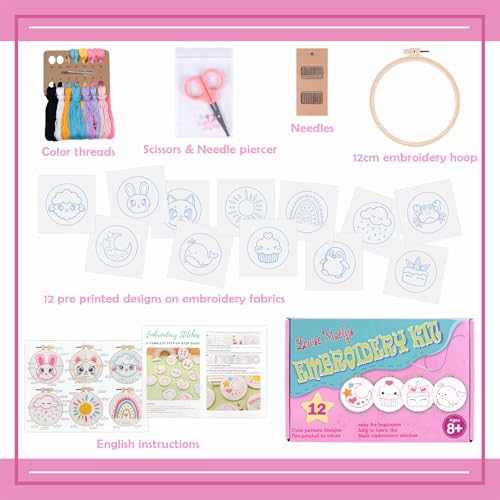 Image of Louise Maelys Embroidery Kit for Beginners, 12 Packs Pre-Printed DIY Sewing Craft Kit,Kids Girls Cross Stitch Kit with Hoop, Threads, Needles and Scissors, Cute Animal & Cartoon Patterns