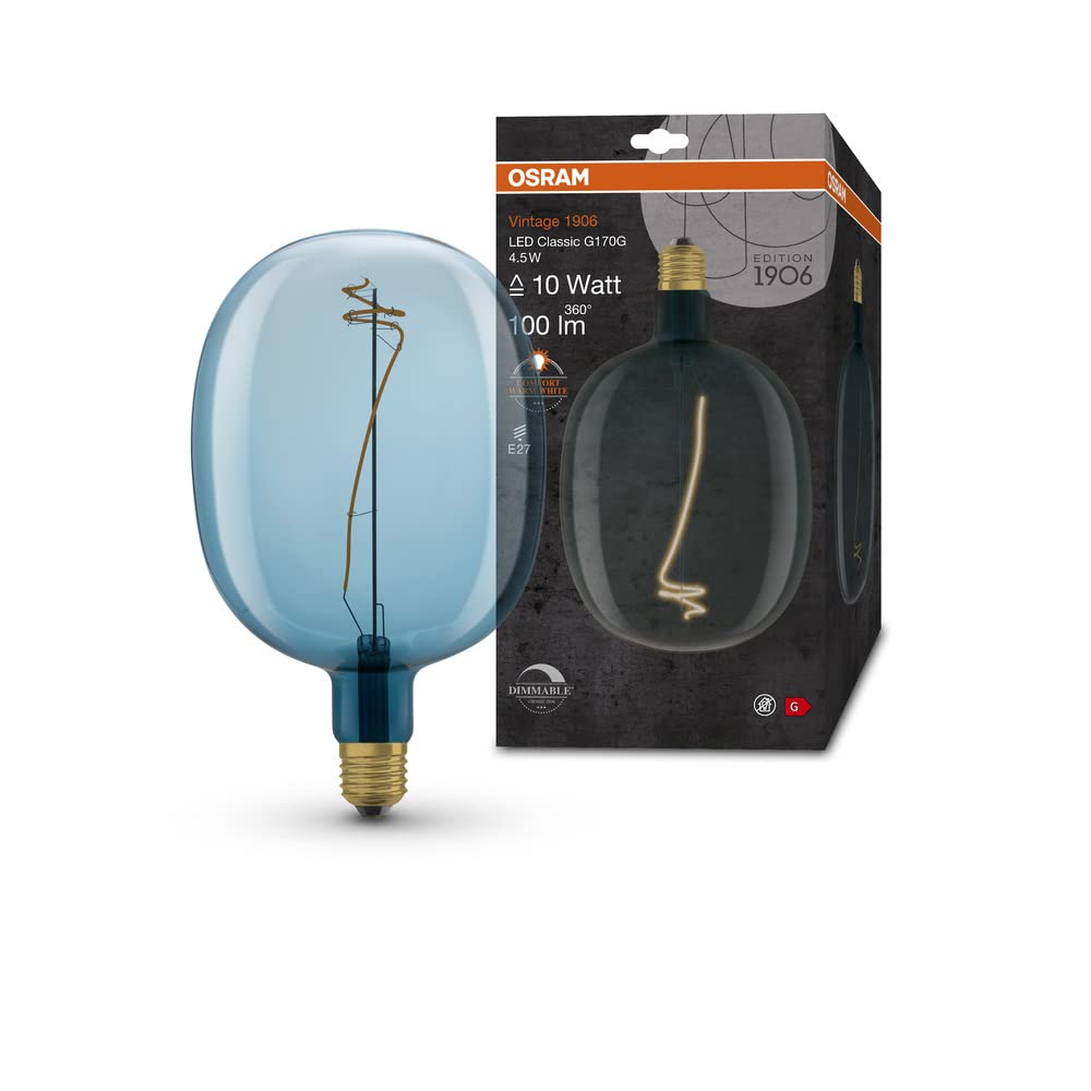 OSRAM Vintage 1906 Green Tinted LED lamp, 4.5W, 100lm, Balloon Shape with 170mm Diameter & E27 Base, Warm White Light, dimmable Filament, Life of up to 15,000 Hours