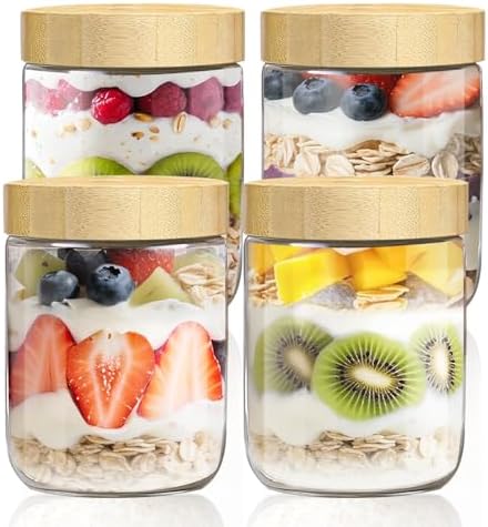 16oz Overnight Oats Containers with Bamboo Lids, Glass Jars with Airtight Lids, Wide Mouth Mason Meal Prep Jars, Food Storage Container for Yogurt Salad Chia Pudding Snacks Spice Sugar,4 Pack