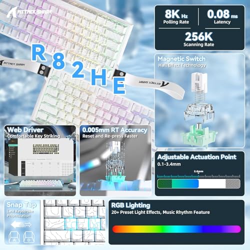 Image of ATTACK SHARK R82HE RT Wired RGB 8K Mechanical Gaming Keyboard-White Contour | TKL,NKRO,8Khz Polling,0.005mm RT Accuracy,256K Scan Rate,5 Layer Sound Damped,Hall Effect Magnetic Switch,Driver for PC Mac