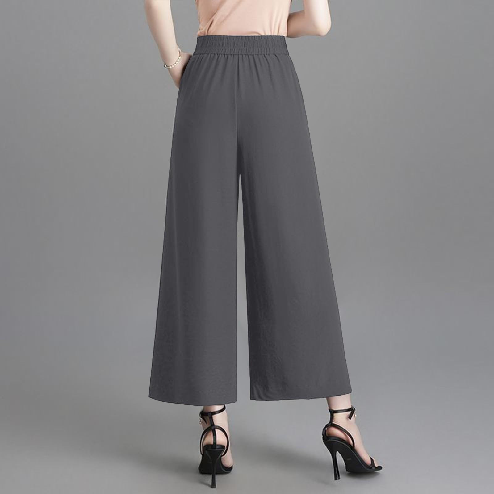 Palazzo - Pantaloni da lavoro da donna, eleganti, in vita elasticizzata, tinta unita, con pieghe, casual, da lavoro, morbidi, comodi, da ufficio, per il tempo libero, 7/8, con tasche