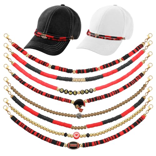 Image of Geyoga 9 Pcs Trucker Hat Chains Trucker Hat Charms Women Man Bill Decoration Detachable DIY Metal Chain for Mesh Baseball Cap(Black Red,Game Day)