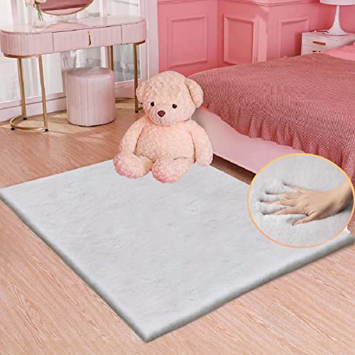 Faux Fuzzy Washable Fur Area Rugs for Bedroom 3x5 Silver Gray Fluffy Rug for Living Room Cute Room Nursery Rug