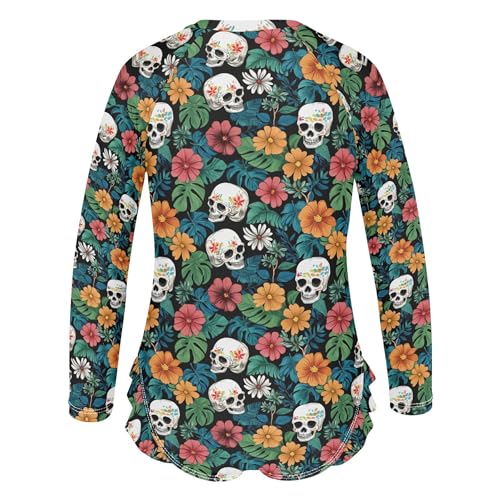 Skull Flower Girls Long Sleeve Rashguard Swimsuit UV Protection One-Piece Swimwear Bathing Suit B04044563
