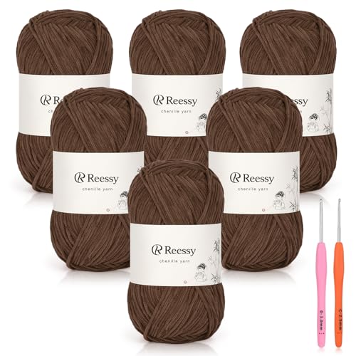 Image of Skinny Chenille Yarn for Crocheting - 6 Pack of 50g /158yd (948yd Total) - Soft Matte Thin Chenille CYC #2 - Fine Weight Baby Yarn for Plush Toys, Baby Blankets & Small Crafts(Mocha)