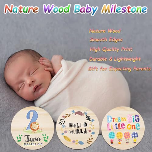 Image of Wooden Baby Monthly Milestone Cards with Birth Announcement Sign Newborn Photography Props Baby Shower Gifts for Boys and Girls (Monthly Milestone Circles)