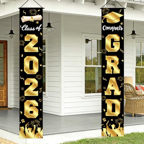 Image of Graduation Decorations 2026 Porch Banner, Graduation Banner Class of 2026, Black and Gold Congrats Grad Decorations for Door and Porch Party Supplies
