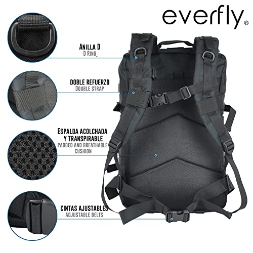 Everfly Mochila Tactica Militar 45L - Para Crossfit Supervivencia Caza Pesca Senderismo Gimnasio Montañismo Airsoft - Oxford 800D - Hombre Mujer - Macuto Molle Ejercito - 2 Parches Incluidos (Negro)