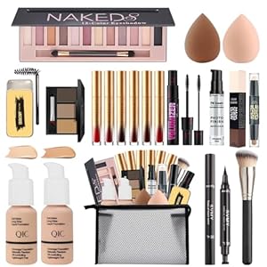 All in One Makeup Kit for Women,Includes Naked Eyeshadow,Liquid Foundation,Lipstick Set,Mascara,Makeup Brush,Makeup Sponge,Eyebrow Powder,Eyebrow Soap,Eyeliner Stamp,Primer,Contour Stick,Makeup Bag