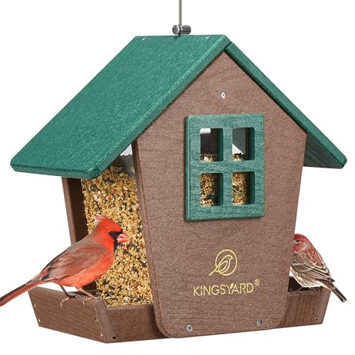 Kingsyard Bird Feeder House for Outdoors Hanging, Recycled Plastic Large Bird Feeder with Weatherproof Roof & Seed Tray for Finch Cardinal Chickadee, Large Capacity 4 lbs, Garden Yard Outside Decor