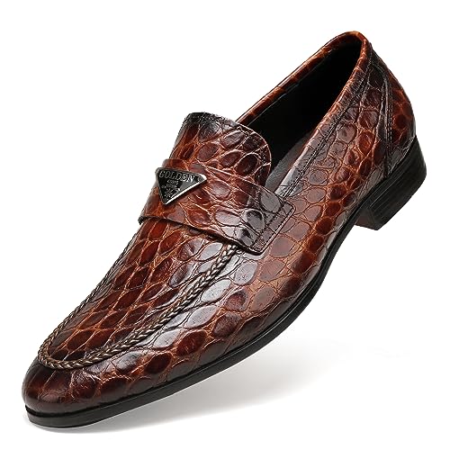 Image of Mens Dress Shoes Leather Loafer, Fashion Crocodile Printed Handmade Dress Shoes Slip on Loafer Shoes for Men