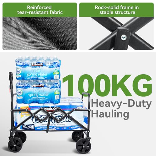 HIKENTURE Bollerwagen Faltbar 65Liter&100KG belastbar - Wiegt nur 4,9KG- Extrem Faltbarer Bollerwagen - Klappbarer Handwagen Einkaufstrolley für Strand Camping Einkauf