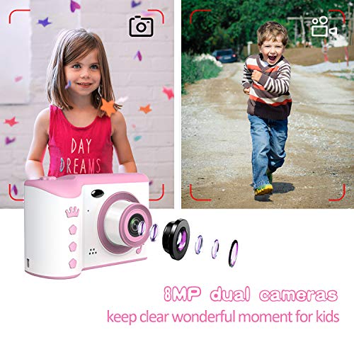 Kids Camera, 8.0MP Digital Dual Camera Rechargeable Shockproof Camcorder Camera with 2.8 Inch Touch Screen,32GB SD Card Included, Ideal Toy for 3-12 Years Old Girls Boys Party Outdoor(Pink)