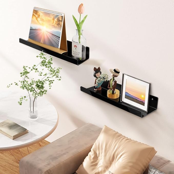 Image of Acrylic Floating Wall Shelves, 15 Inch Clear Shelf | Thick Invisible Wall Display Shelf 3 mm (Black, 15, 6)
