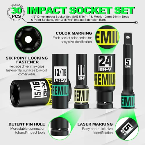 Image of 30PCS 1 /2 inch Drive Impact Socket Set, SAE (5 /16 inch- 1 inch) and Metric (10mm-24mm) Deep Socket, Including Impact Extension Bar 3 inch, 5 inch, 10 inch, 6 Point, Suitable for Automotive and Machinery