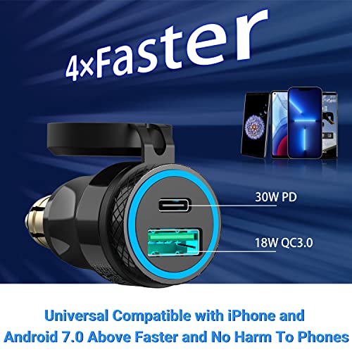 Image of [2 Pack] Din Hella to USB - Qidoe MINI Waterproof Aluminum Din Plug Motorcycle Power Adapter 30W USB C PD3.0 Din USB 18W QC3.0 Quick Charge Blue LED Ring 12V /24V Ducati Triumph Motorcycle Accessories