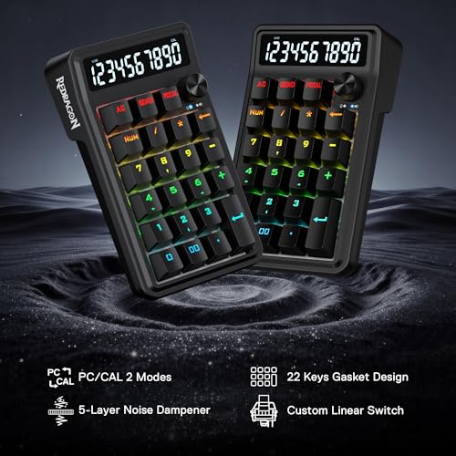 Image of Redragon K733 Wired Gasket RGB Number Pad, 22 Keys Mechanical Numpad w /PC & Calculate Modes, 10 Digits Calculator Display, Knob Control, 5-Layer Noise Dampening, Creamy Custom Linear Switch