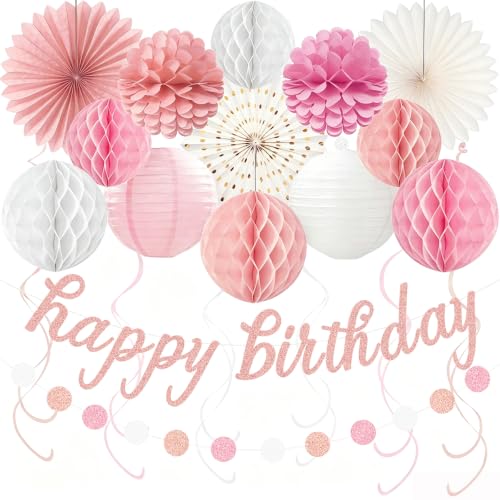 Image of Rose Gold Pink Birthday Decorations for Women Girls, Pre-Strung 24pcs | Happy Birthday Banner, Honeycomb Balls, Paper Flowers, Lanterns, Streamers, Dots Garland for Happy Birthday Party Decorations