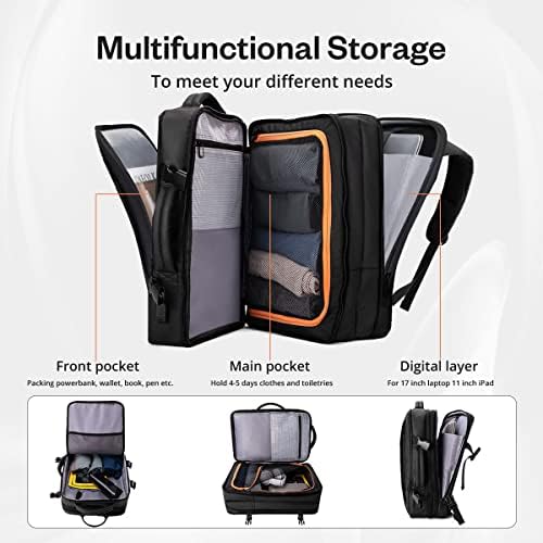 Travel Backpack 35L Carry on Backpack Expandable 17.3 Inch Laptop Backpack Waterproof Business Backpack Hand Luggage Backpack With USB Charging Port Rucksack Bag For Trekking Hiking Camping Travel
