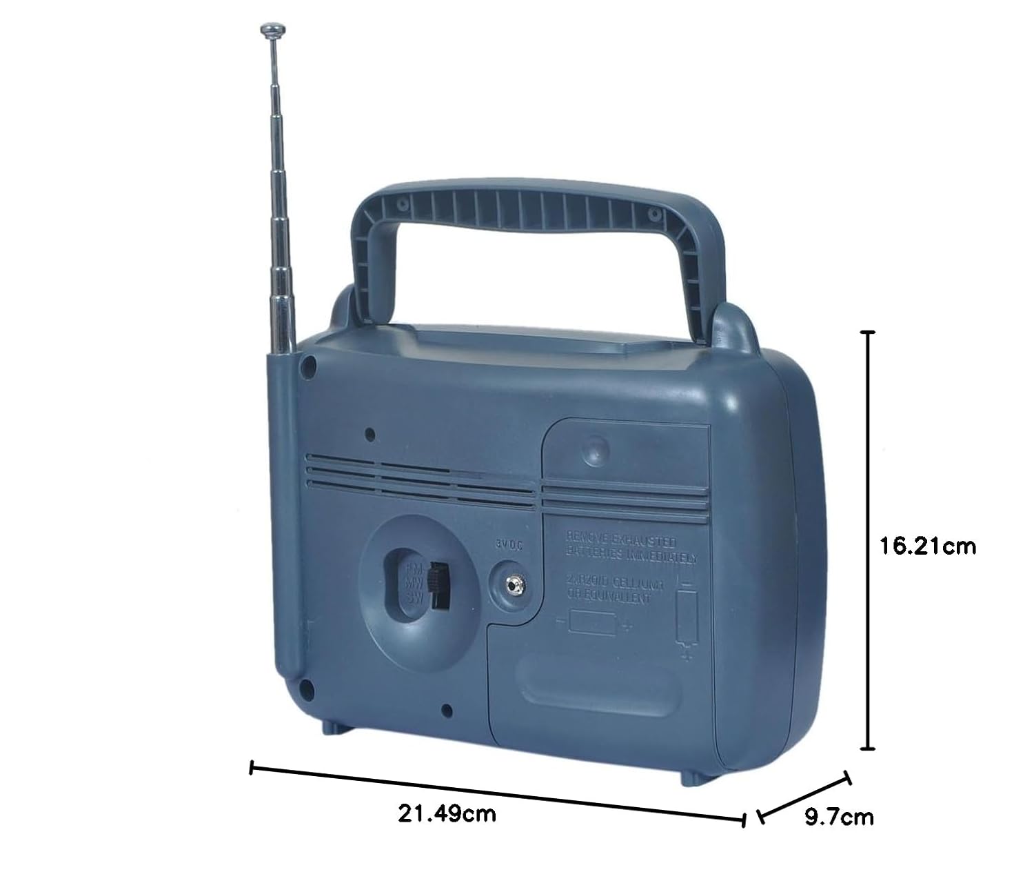 Back view of Philips DL167/94 radio with dimensions labeled: 16.21cm height, 21.49cm width, 9.7cm depth.