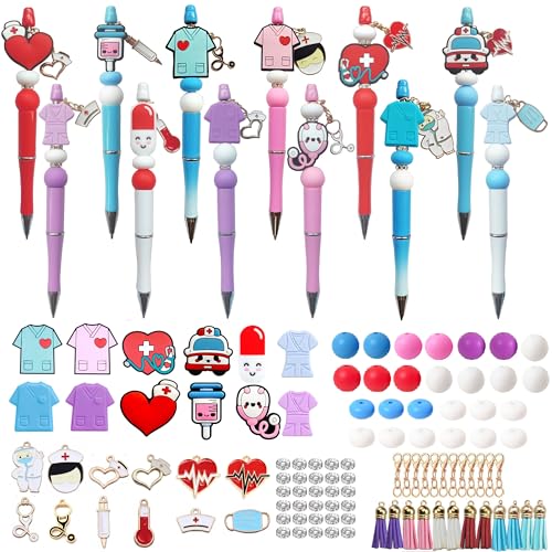 Stylo à bille hôpital avec perles silicone médical et pompons, lot de 12 pièces créatives