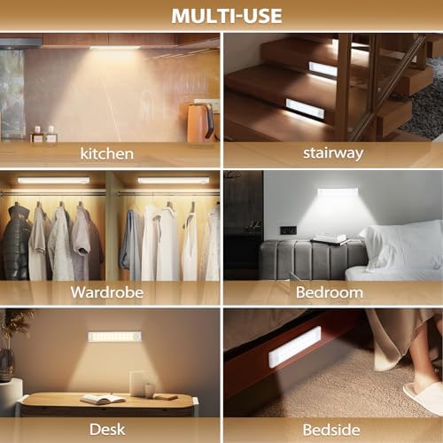 Under Cabinet Kitchen Lights, 44 LED 20 CM Motion Sensor Lights Indoor, 3 Pack Cupboard Lights 2000mAh Type-C Rechargeable Night Light with Magnetic Strip 2 Color Temps for Wardrobe, Closet, Stairs