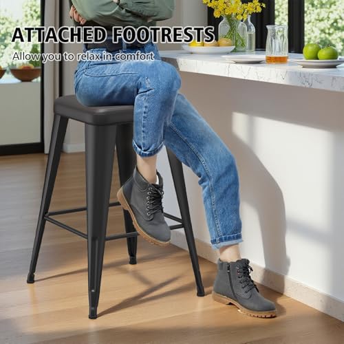 Set de 4 Butacos de Bar sin Respaldo, Tapizados en Cuero Sintético con Patas de Metal,altura de 26 Pulgadas, Color Negro miniatura 6