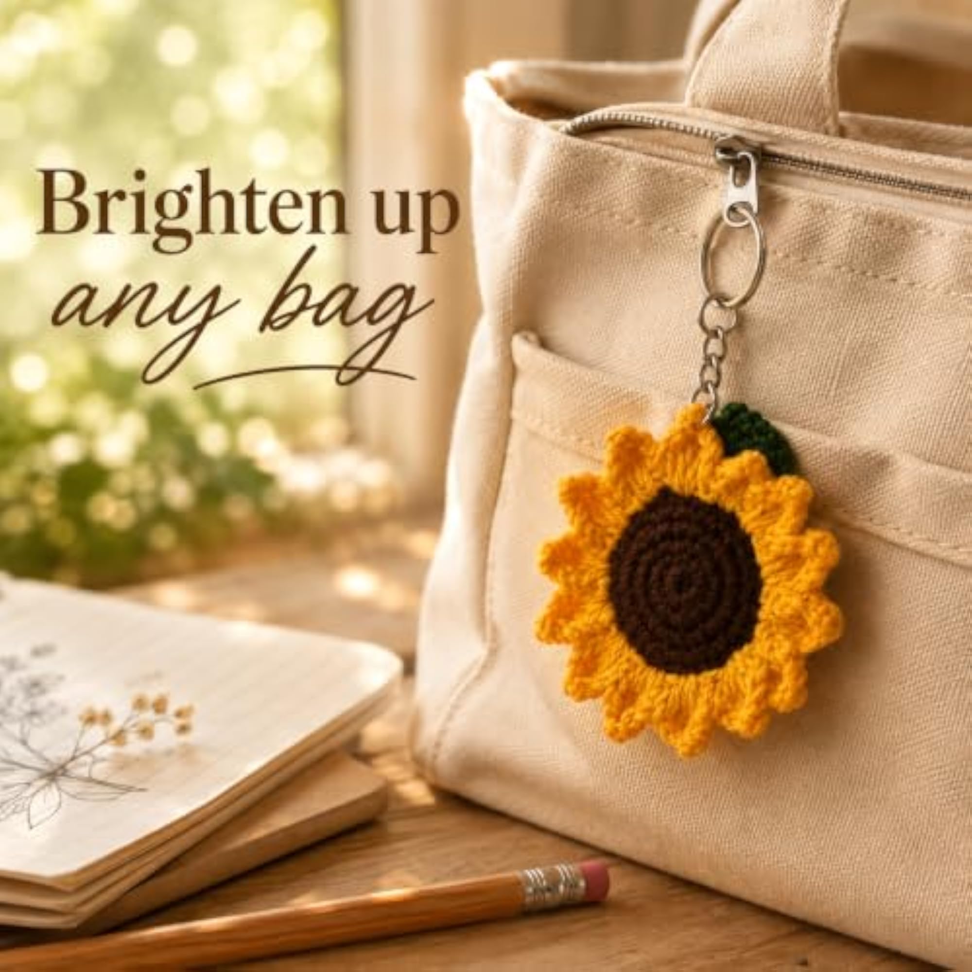 Crochet Sunflower Keychain, Knitted Flower Bag Charm
