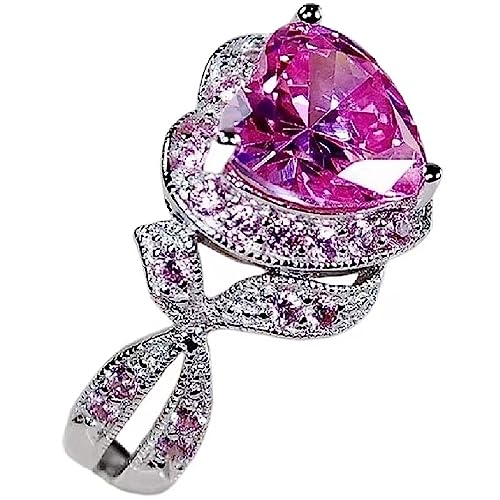 925 Sterling Silver Heart Shape Perfect Cut 3 Carat Pink Gemstone Rings Fashion Women's Pink Crystal Rings Cubic Zirconia Promise Love Halo Engagement Wedding Rings Women's Eternity Rings 560 (6)