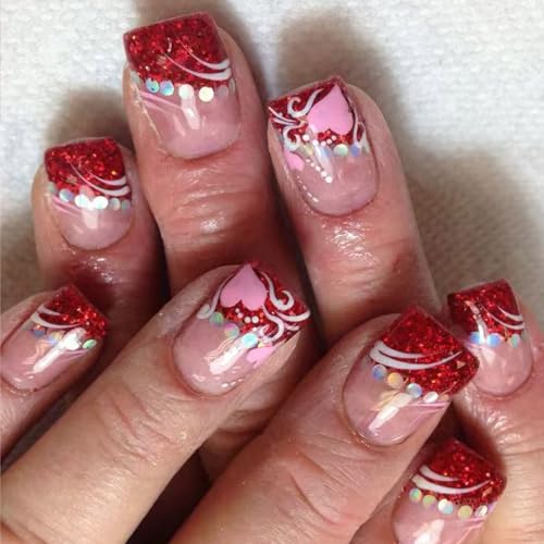 24個の短い平方ロマンスラブハートデザインバレンタインデープレスオンネイル女性の女の子のための光沢のある偽の爪