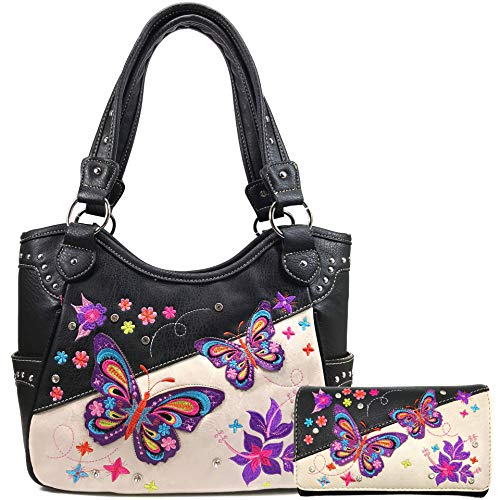 Zelris Butterfly Flower Season Embroidery Conceal Carry Tote Handbag Purse Set (Black Beige)